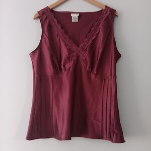 VTG George Claret Wine Burgundy Satin Lace Trim Cami Tank Pleated XL